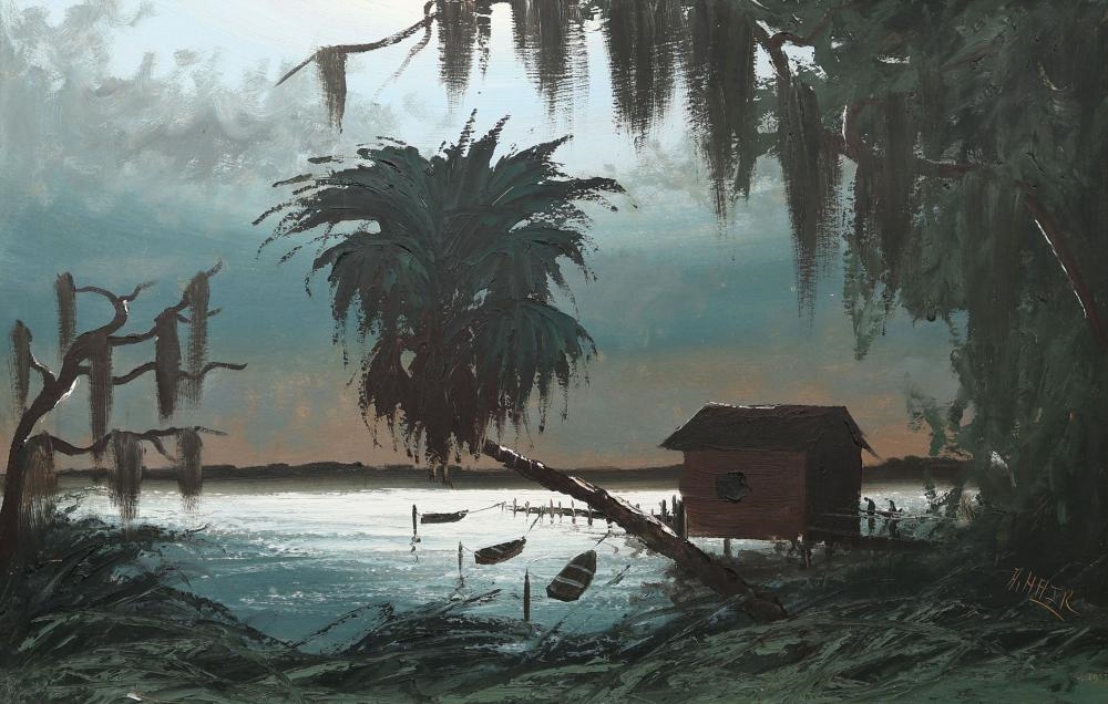 Artwork by Alfred Hair, ALFRED HAIR FLORIDA HIGHWAYMEN SUMMERLIN DOCK, Made of Oil on Orange Peel Upson