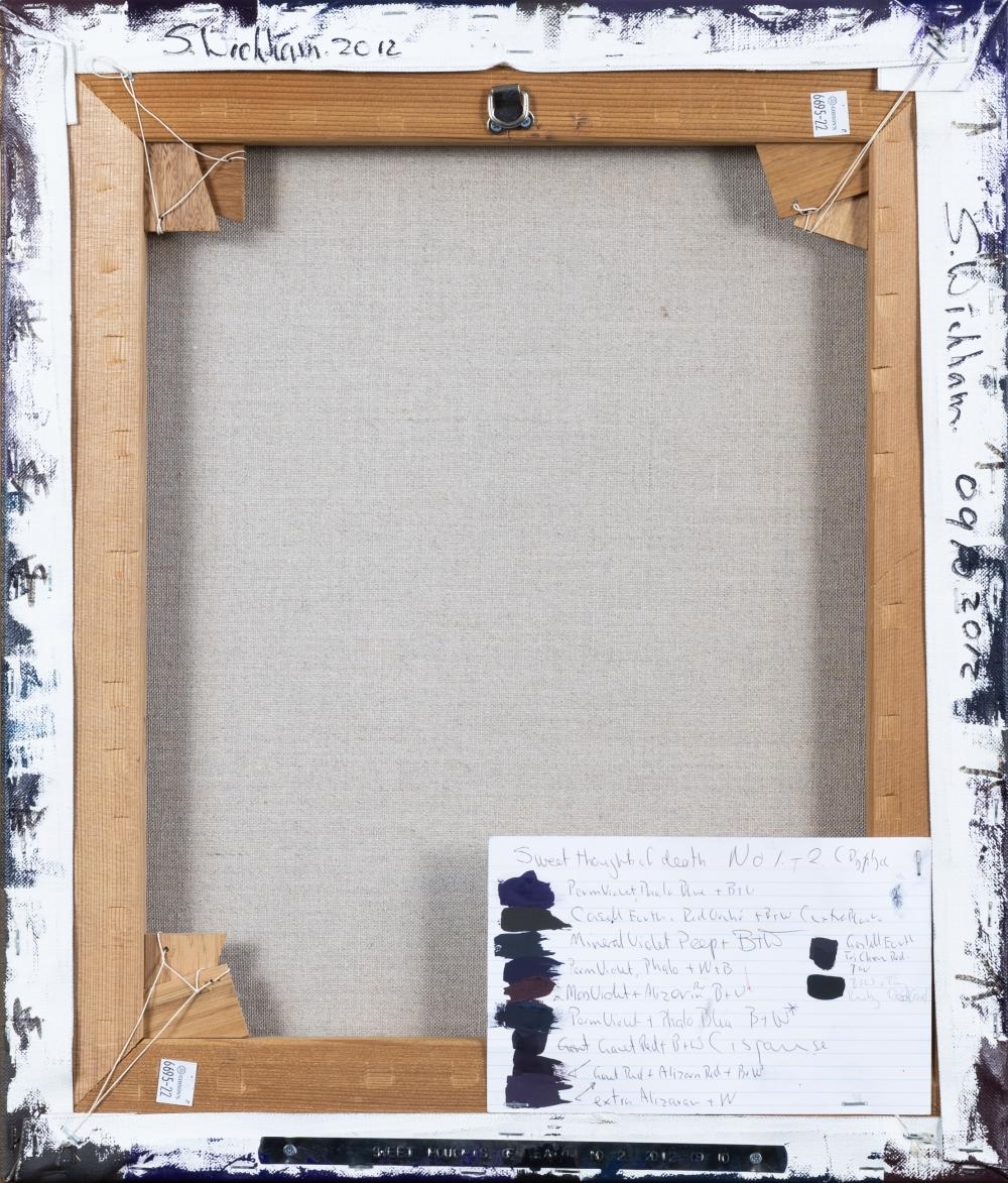 A geometric abstract composition of stacked rectangular blocks in deep blues and purples.