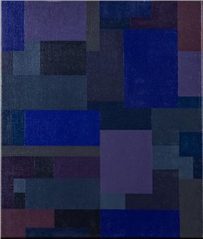 A geometric abstract composition of stacked rectangular blocks in deep blues and purples.