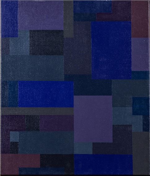 A geometric abstract composition of stacked rectangular blocks in deep blues and purples.