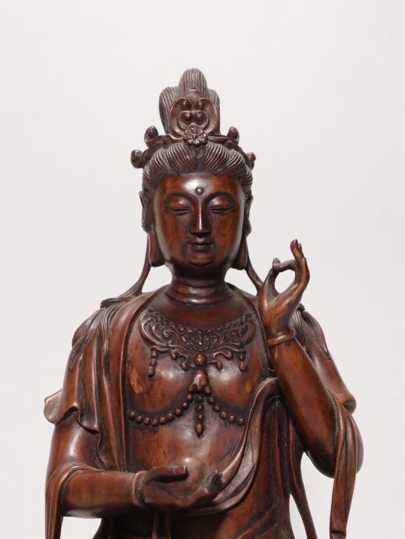 Artwork by Chinese School, Chinese Tangxiang Wood Hand Carved Guanyin Statue, Made of Wood