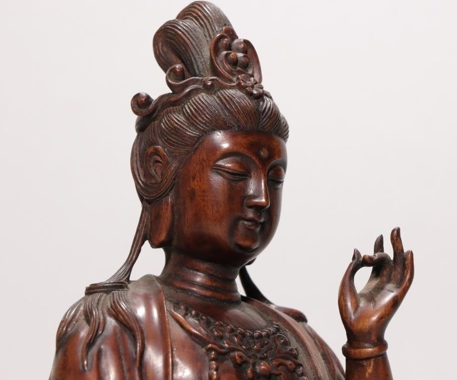Artwork by Chinese School, Chinese Tangxiang Wood Hand Carved Guanyin Statue, Made of Wood