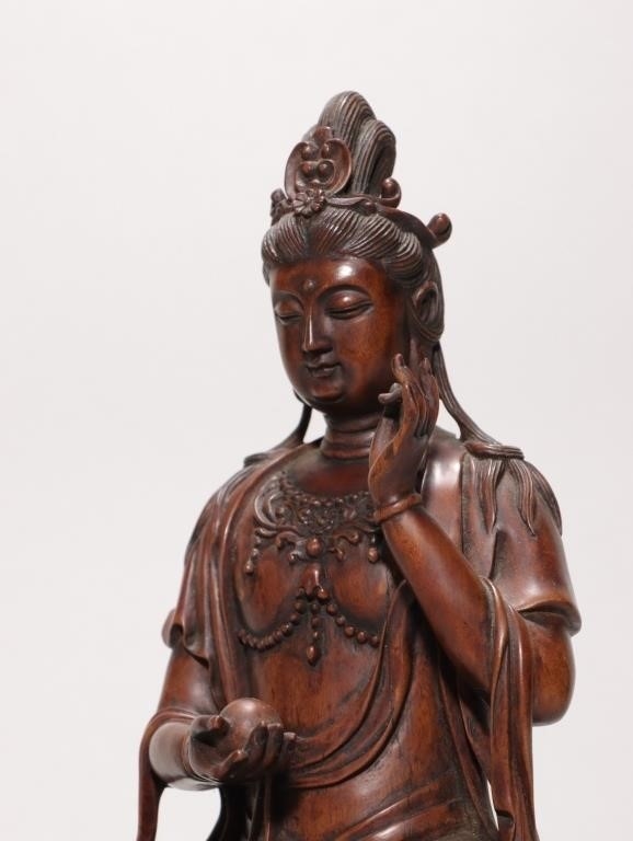 Artwork by Chinese School, Chinese Tangxiang Wood Hand Carved Guanyin Statue, Made of Wood
