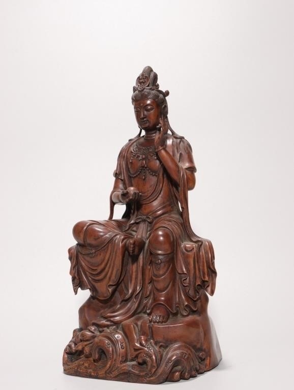 Artwork by Chinese School, Chinese Tangxiang Wood Hand Carved Guanyin Statue, Made of Wood