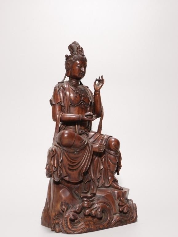 Artwork by Chinese School, Chinese Tangxiang Wood Hand Carved Guanyin Statue, Made of Wood