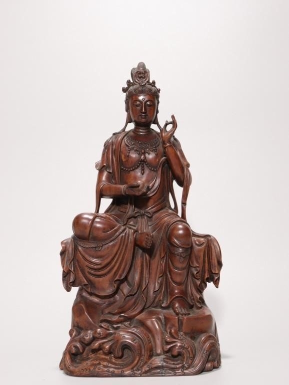 Artwork by Chinese School, Chinese Tangxiang Wood Hand Carved Guanyin Statue, Made of Wood