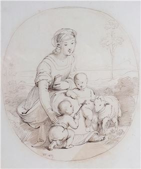 , Landschaft mit Madonna, Kind und Lamm, sowie dem Johannesknaben, unten links monogrammiert und datiert: TVF(ligiert) 1839, Feder auf Velin-Papier, sichtbare Bildgröße: 27 x 23 cm (55,5 x 43,5 cm), Passepartout, verschmutzt, leicht gebräunt, beschädigter, vergoldeter Holzrahmen, Ruf 340 - Nazarene School, 19th Century