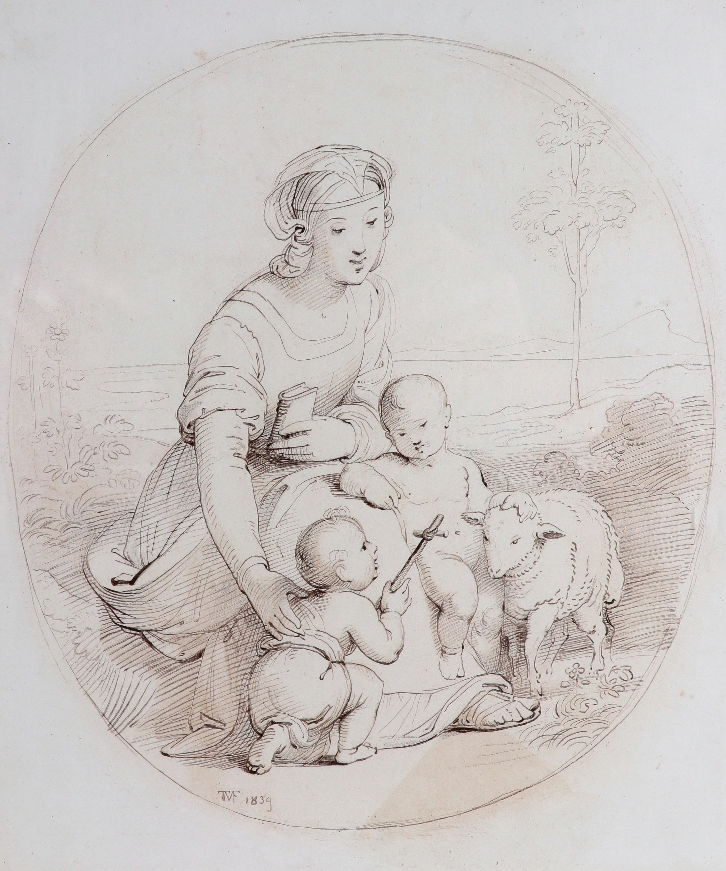 Artwork by Nazarene School, 19th Century, , Landschaft mit Madonna, Kind und Lamm, sowie dem Johannesknaben, unten links monogrammiert und datiert: TVF(ligiert) 1839, Feder auf Velin-Papier, sichtbare Bildgröße: 27 x 23 cm (55,5 x 43,5 cm), Passepartout, verschmutzt, leicht gebräunt, beschädigter, vergoldeter Holzrahmen, Ruf 340, Made of pen on vellum