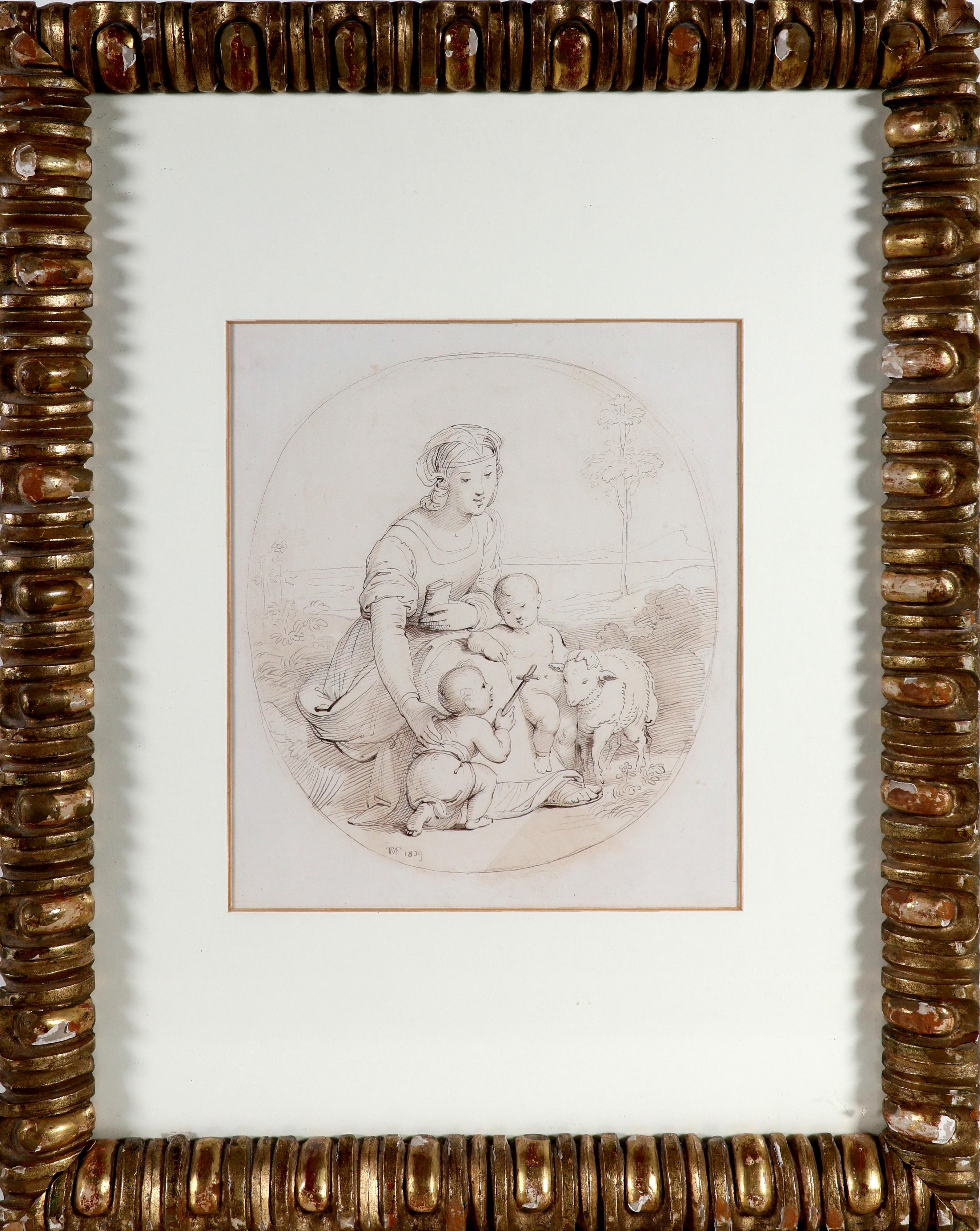 Artwork by Nazarene School, 19th Century, , Landschaft mit Madonna, Kind und Lamm, sowie dem Johannesknaben, unten links monogrammiert und datiert: TVF(ligiert) 1839, Feder auf Velin-Papier, sichtbare Bildgröße: 27 x 23 cm (55,5 x 43,5 cm), Passepartout, verschmutzt, leicht gebräunt, beschädigter, vergoldeter Holzrahmen, Ruf 340, Made of pen on vellum