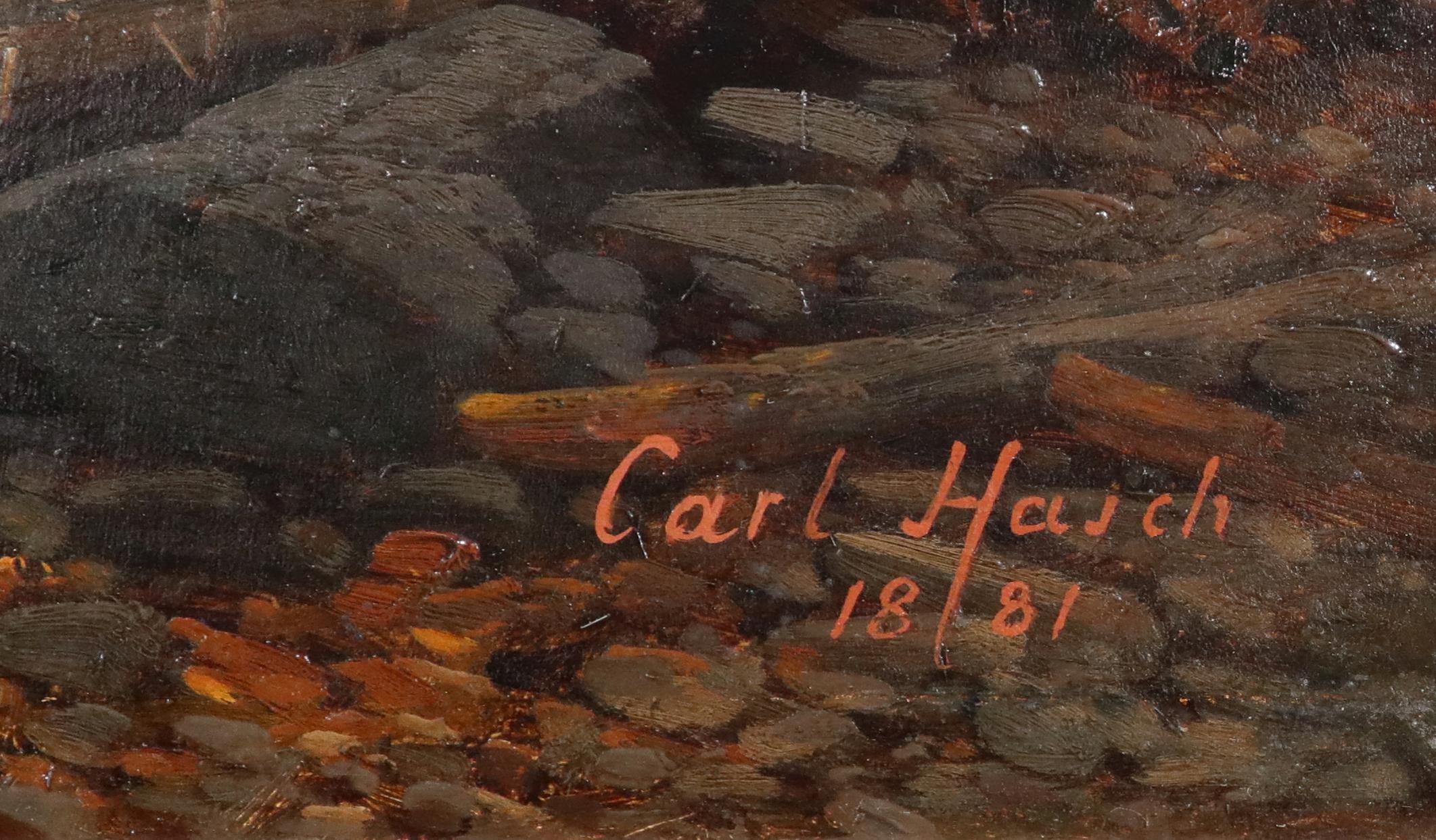 Carl Hasch | wildromantisches Waldstück mit Bergfluss und Reh vor ...