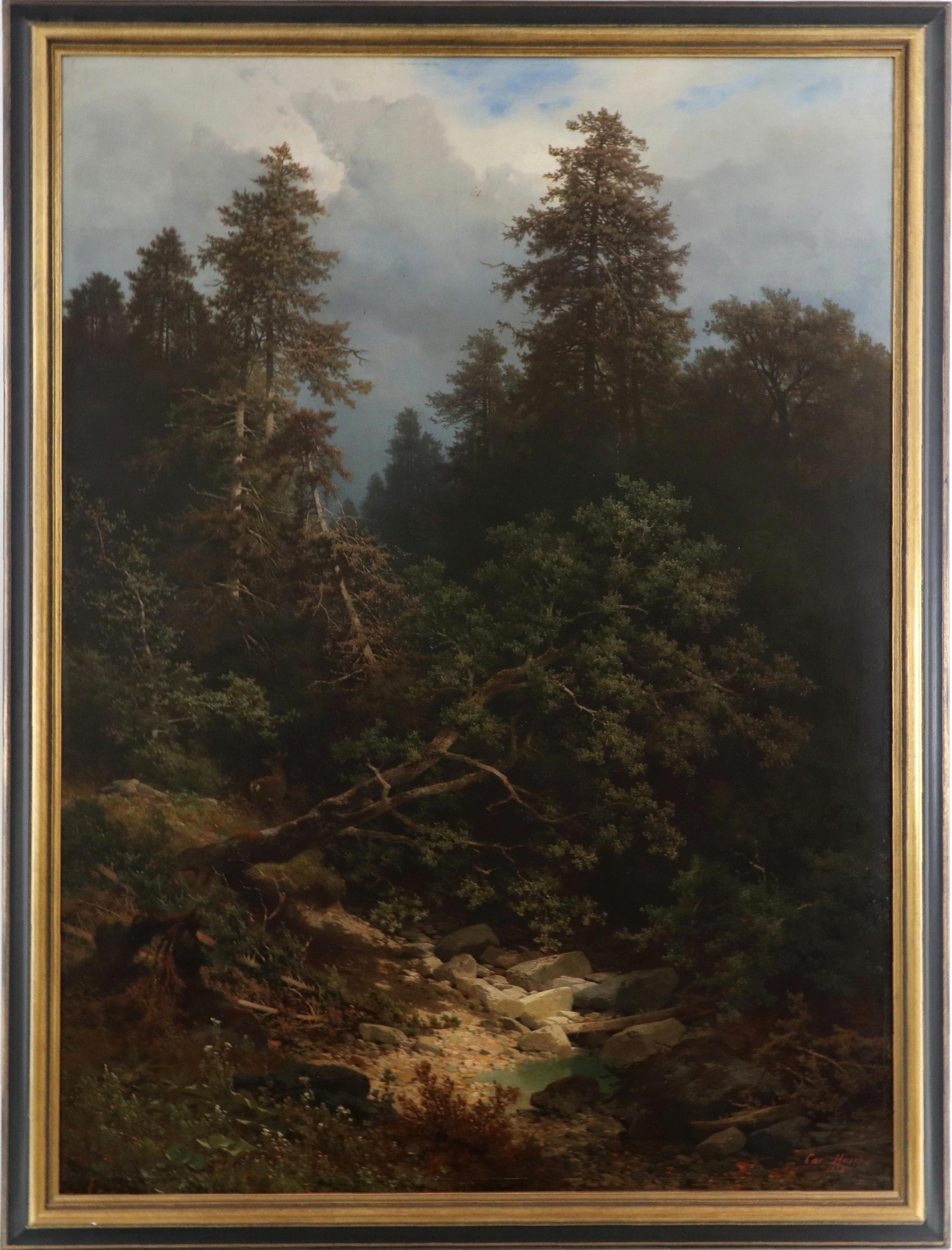 Carl Hasch | wildromantisches Waldstück mit Bergfluss und Reh vor ...