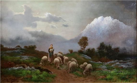 Hirtin mit Schafen in der Abenddämmerung, signiert unten links: R. Liestal, Öl auf Leinwand, ca. 42 x 68 cm (75 x 102 cm), verschmutzt, feines Krakelee, Retuschen, alt restauriert, durchscheinende Leinwand an oberer linker Ecke(Randbereich), Kanten berieben, beschädigter, stark ornamentierter und vergoldeter Prunkrahmen, Ruf 500 by R. Liestal