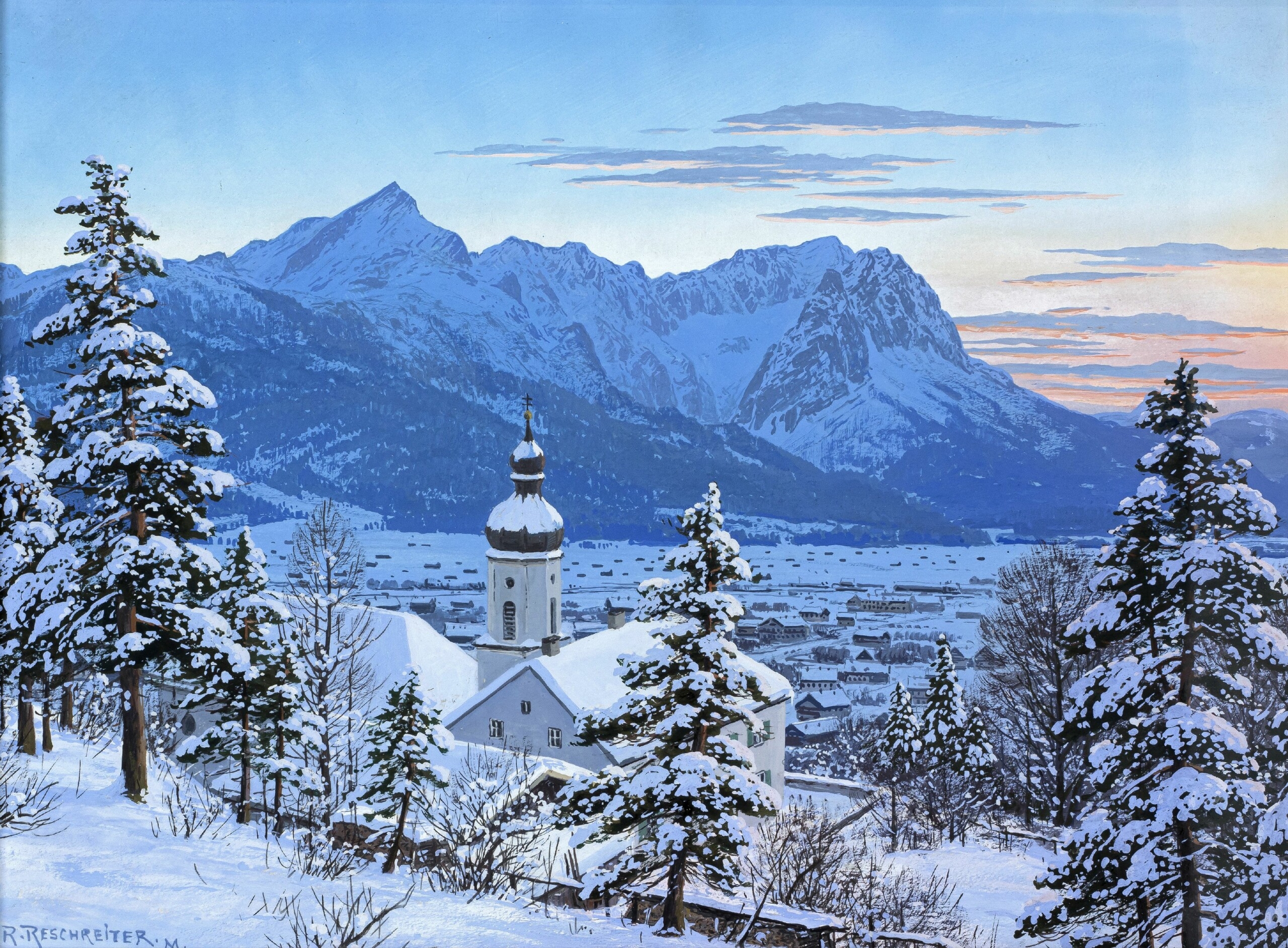 Artwork by Rudolf Reschreiter, Blick über die Wallfahrtskirche St. Anton in Partenkirchen auf die Alpspitze und die Zugspitze, Made of tempera on paper