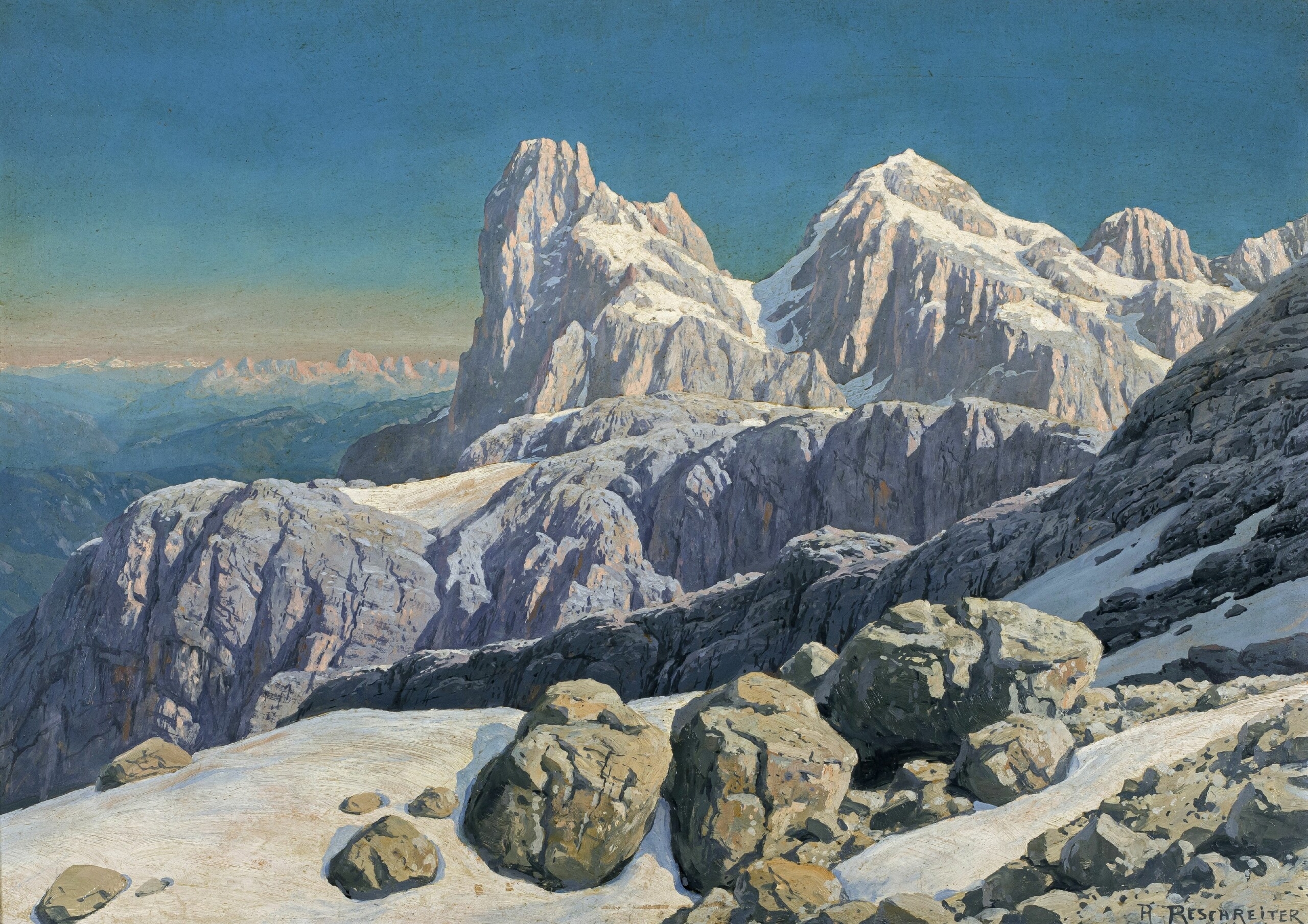 Artwork by Rudolf Reschreiter, Die Palagruppe in den Dolomiten, Made of oil on cardboard