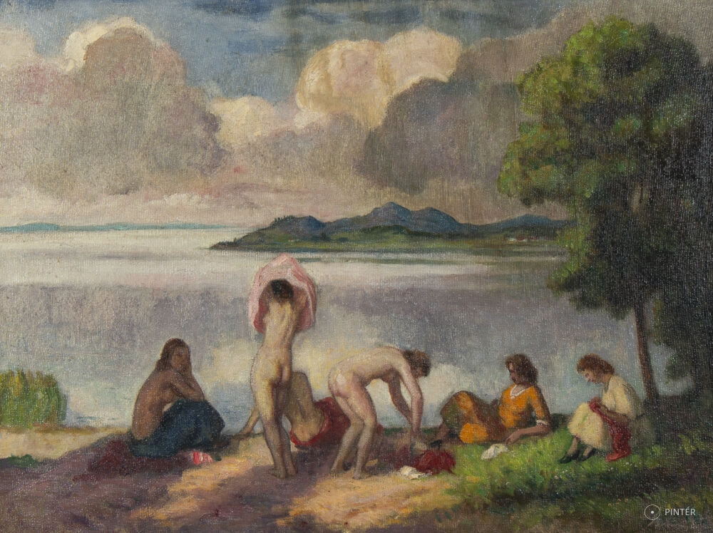 Artwork by Viktor Belanyi, Bathers at Lake Balaton, Made of oil, canvas