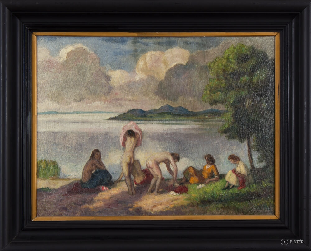 Artwork by Viktor Belanyi, Bathers at Lake Balaton, Made of oil, canvas