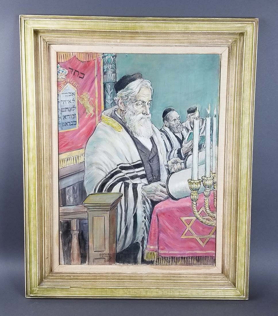 Artwork by Samuel Cahan, Framed Oil on Canvas "Rabbi in Synagogue Reading the, Made of oil on canvas