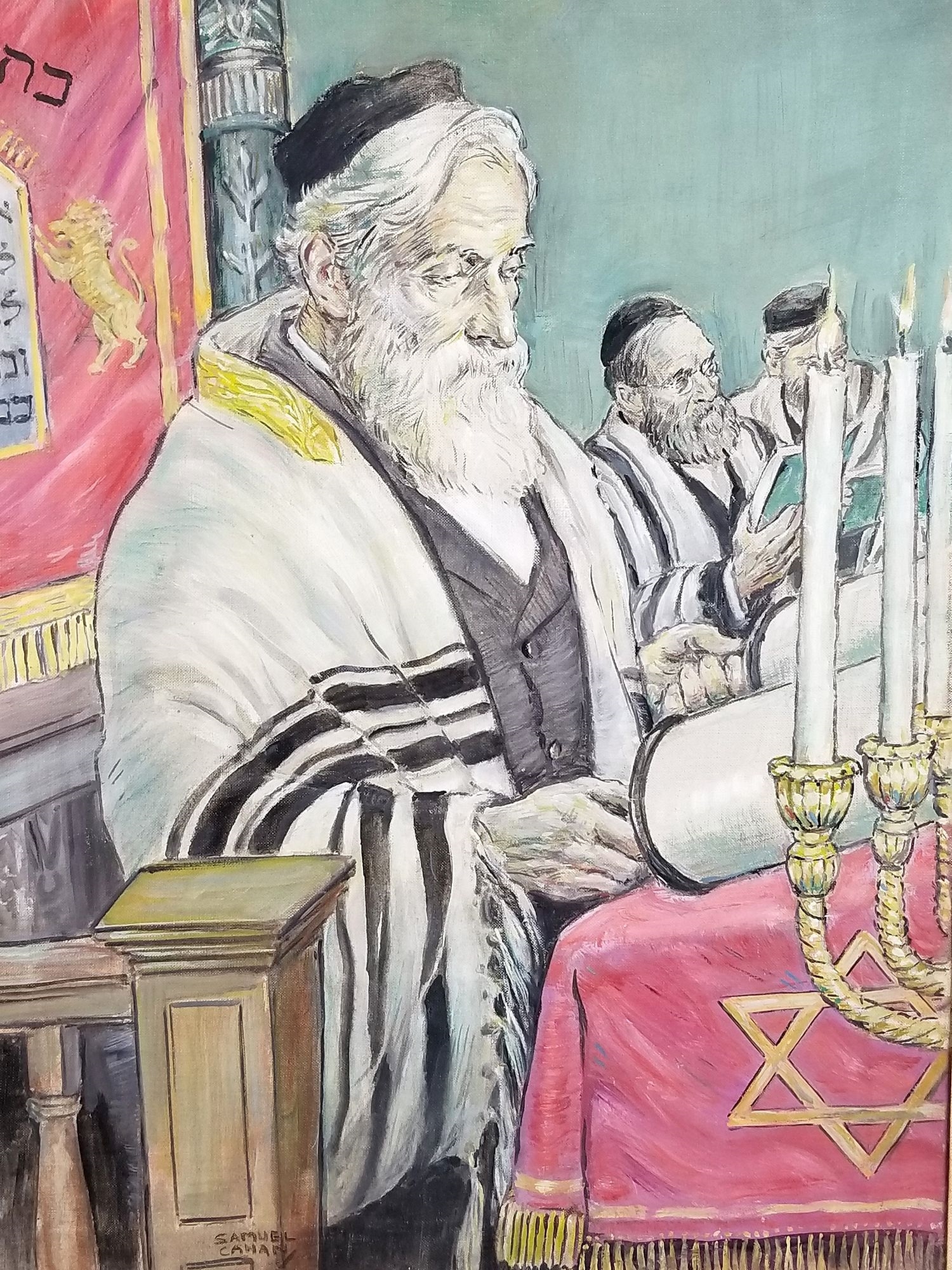 Artwork by Samuel Cahan, Framed Oil on Canvas "Rabbi in Synagogue Reading the, Made of oil on canvas