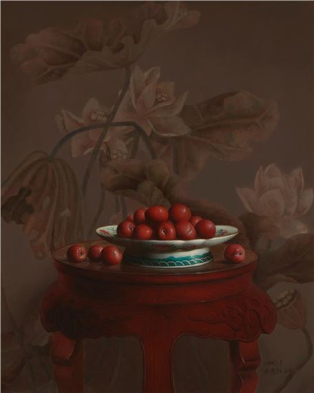Still life of plums in a porcelain bowl on a cinnabar table - Liu Yingzhao
