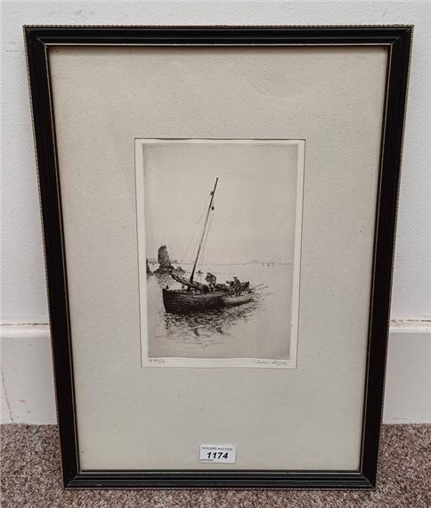 Jackson simpson 'the dinghy' signed in pencil framed etching 24 cm x 16 cm