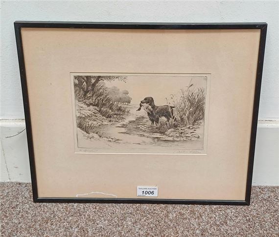 Jackson simpson the spaniel signed in pencil framed etching 15 x 23 cm by Henry Jackson Simpson