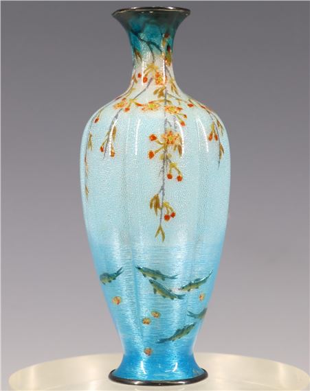 Late Meiji - Showa era reeded and silver mounted vase depicting carp swimming below overhanging foliage