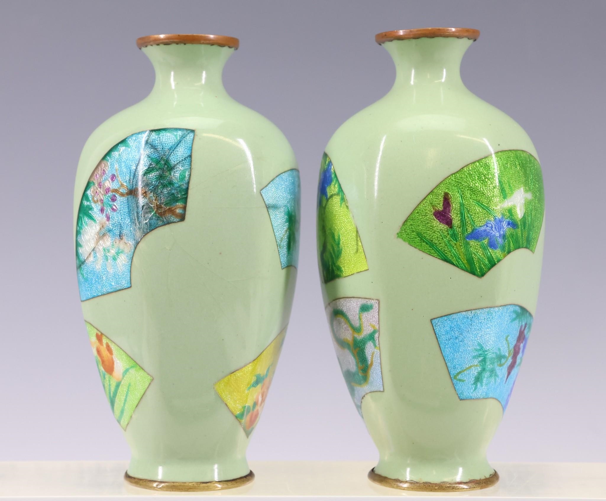 Artwork by Gonda Hirosuke, Late Meiji - Showa era pair of scalloped tsuiki-jippo cloisonne vases with fan form panels decorated with textured florals, Made of fan