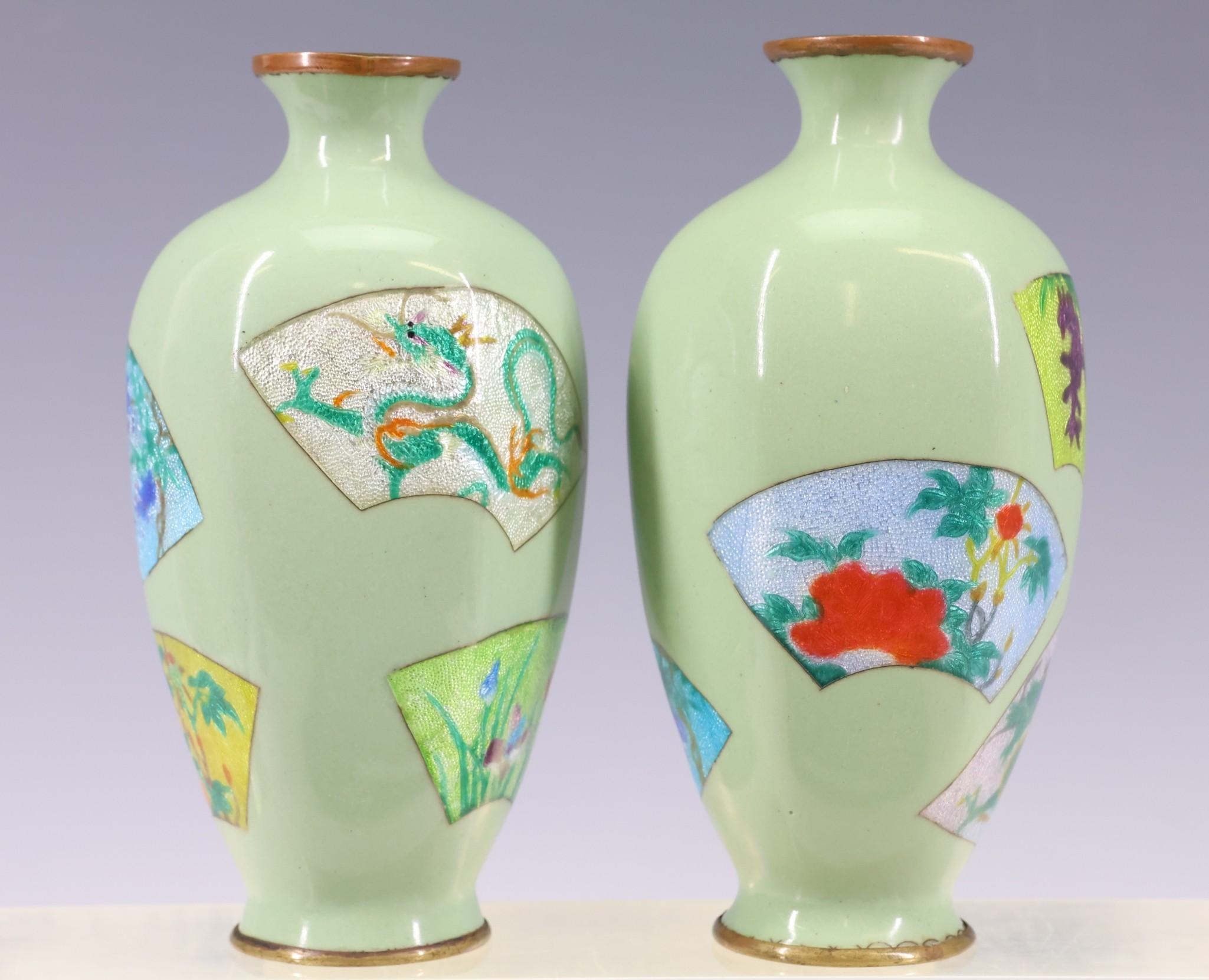 Artwork by Gonda Hirosuke, Late Meiji - Showa era pair of scalloped tsuiki-jippo cloisonne vases with fan form panels decorated with textured florals, Made of fan