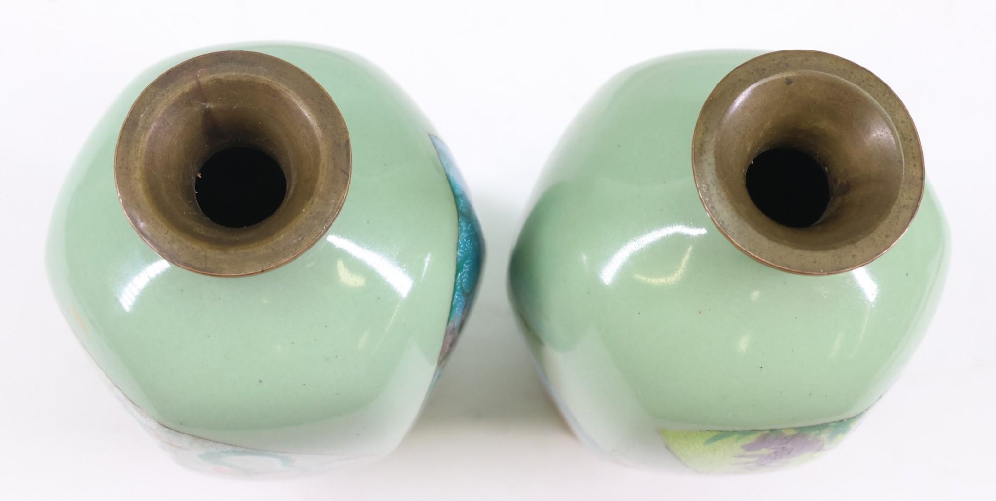 Artwork by Gonda Hirosuke, Late Meiji - Showa era pair of scalloped tsuiki-jippo cloisonne vases with fan form panels decorated with textured florals, Made of fan