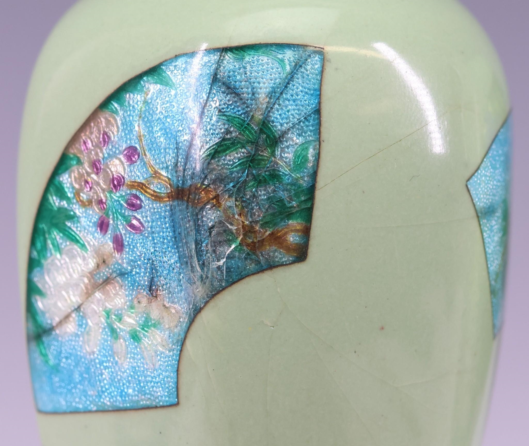 Artwork by Gonda Hirosuke, Late Meiji - Showa era pair of scalloped tsuiki-jippo cloisonne vases with fan form panels decorated with textured florals, Made of fan