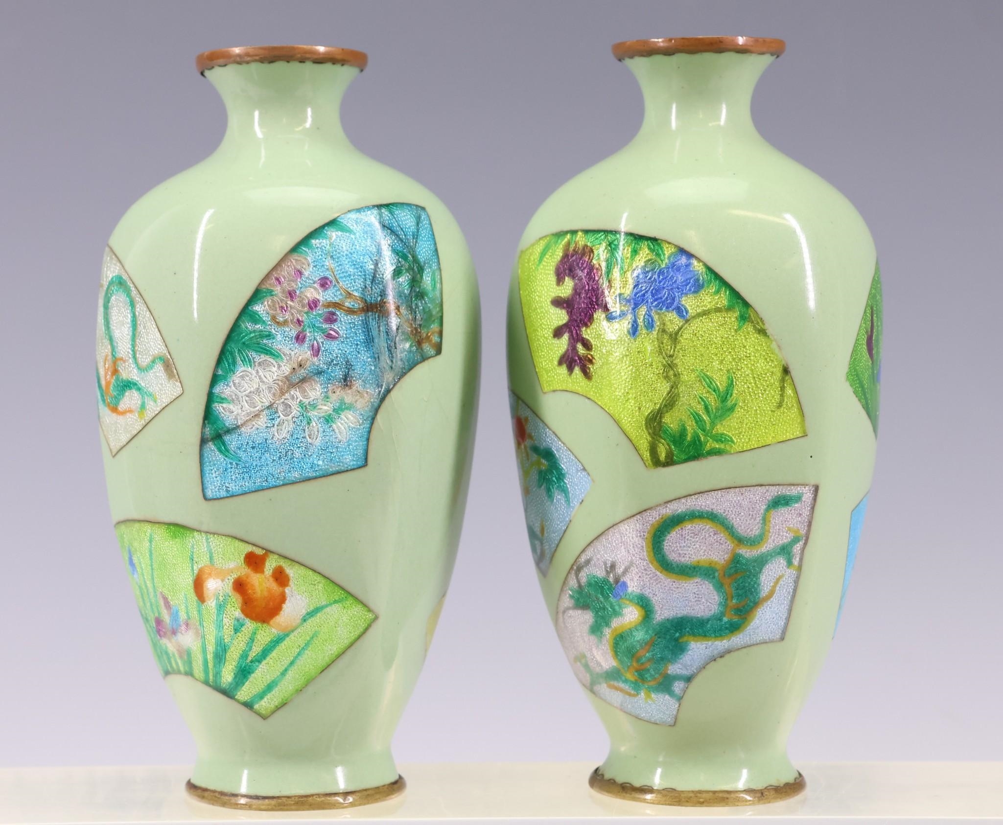 Artwork by Gonda Hirosuke, Late Meiji - Showa era pair of scalloped tsuiki-jippo cloisonne vases with fan form panels decorated with textured florals, Made of fan