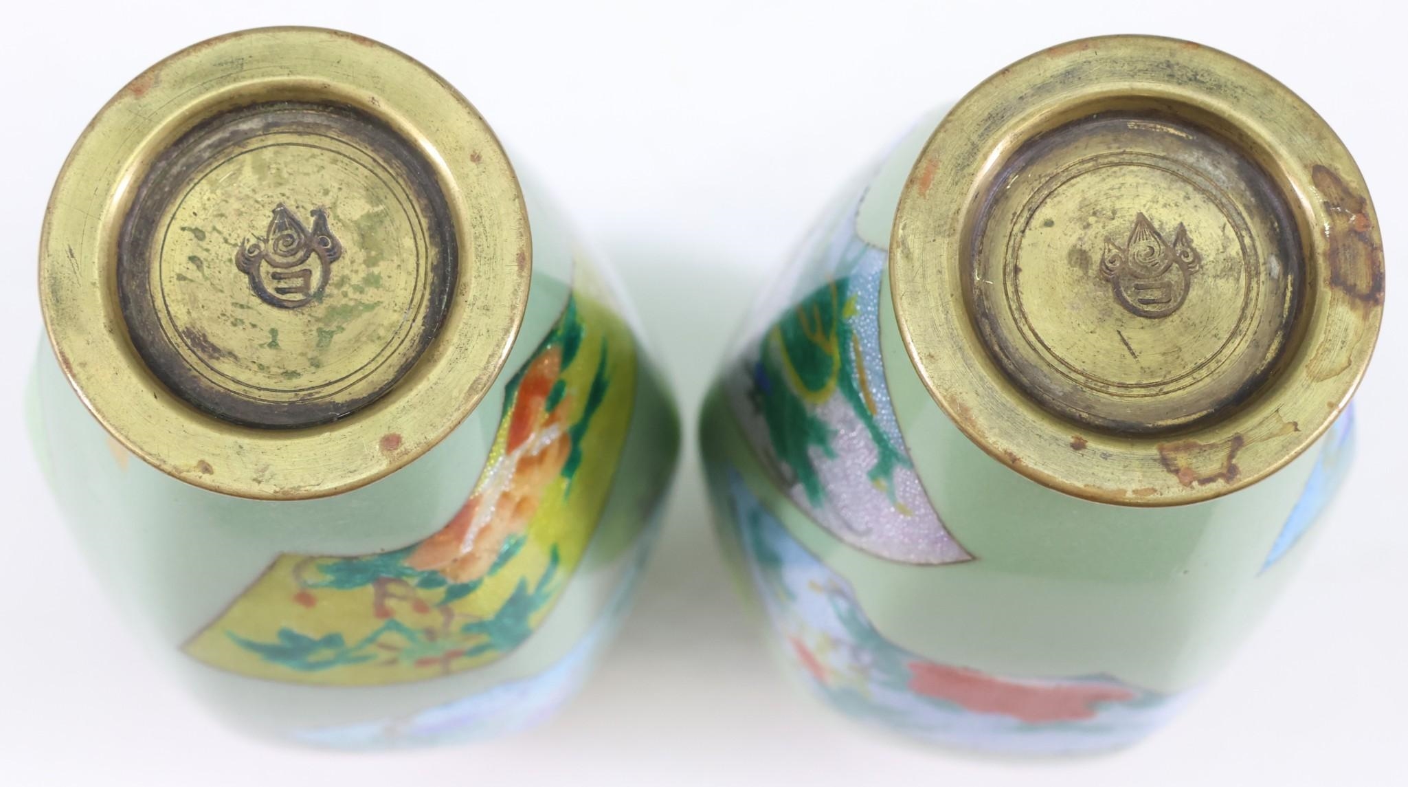 Artwork by Gonda Hirosuke, Late Meiji - Showa era pair of scalloped tsuiki-jippo cloisonne vases with fan form panels decorated with textured florals, Made of fan