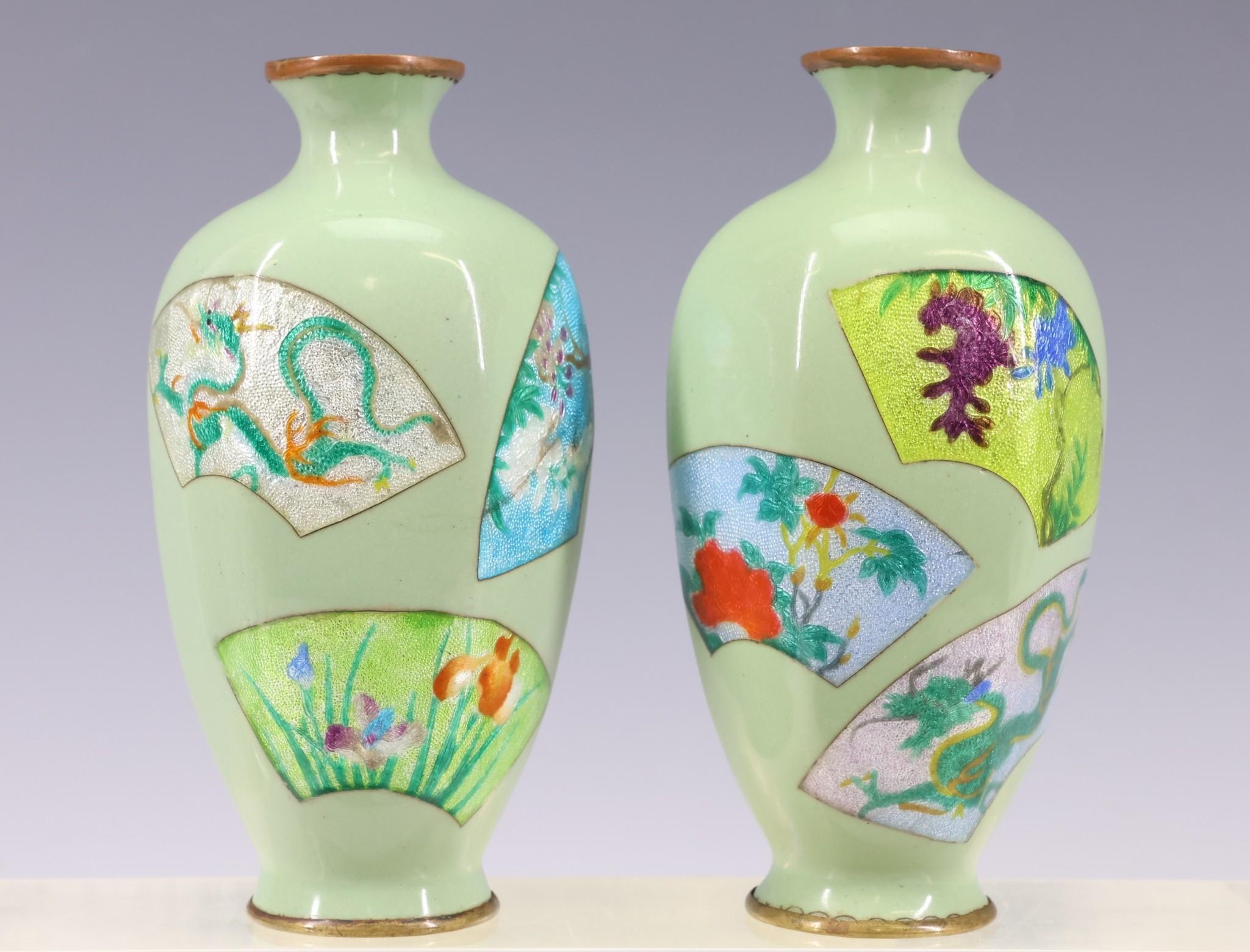Artwork by Gonda Hirosuke, Late Meiji - Showa era pair of scalloped tsuiki-jippo cloisonne vases with fan form panels decorated with textured florals, Made of fan