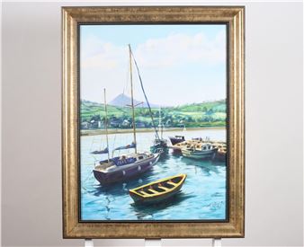 JOSE HOMAGE Riverscape with Sailing Boats Oil on canvas Sign - Jose Homage