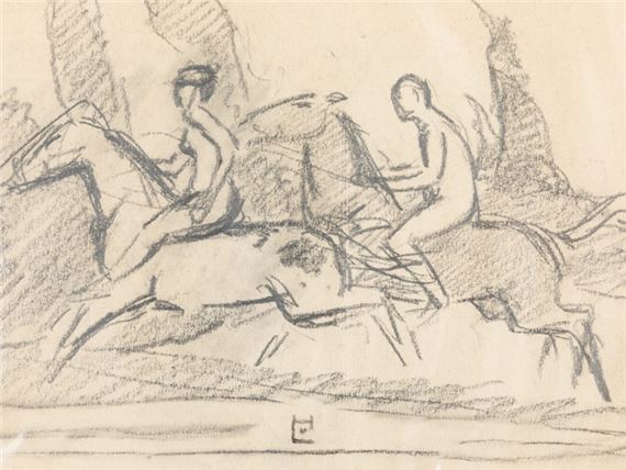 Zeichnung eines weiblichen und eines männlichen Aktes auf Pferden reitend in abstrakter Darstellung by Ludwig von Hofmann