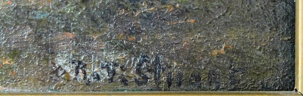 Artwork by Robert T. Stuart, +Attributed to Robert T. Stuart (English, 19th C.), oil on wood panel, pastoral scene with bridge and village in distance, signed lower right, elaborate scroll gilt frame with losses, cracks and chips to frame, especi..., Made of oil on wood panel