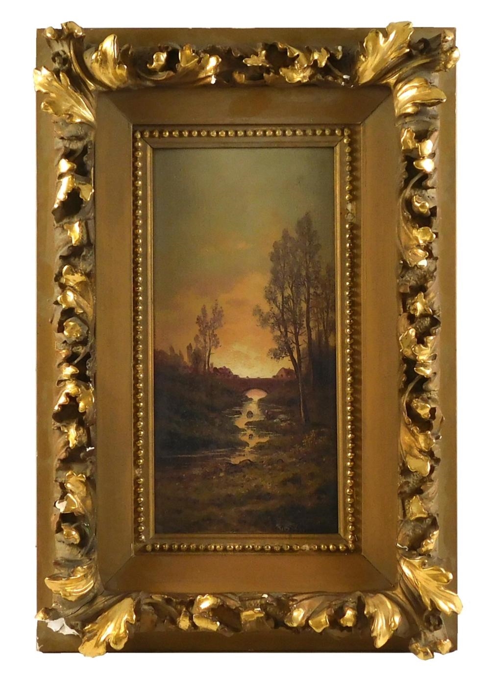 Artwork by Robert T. Stuart, +Attributed to Robert T. Stuart (English, 19th C.), oil on wood panel, pastoral scene with bridge and village in distance, signed lower right, elaborate scroll gilt frame with losses, cracks and chips to frame, especi..., Made of oil on wood panel