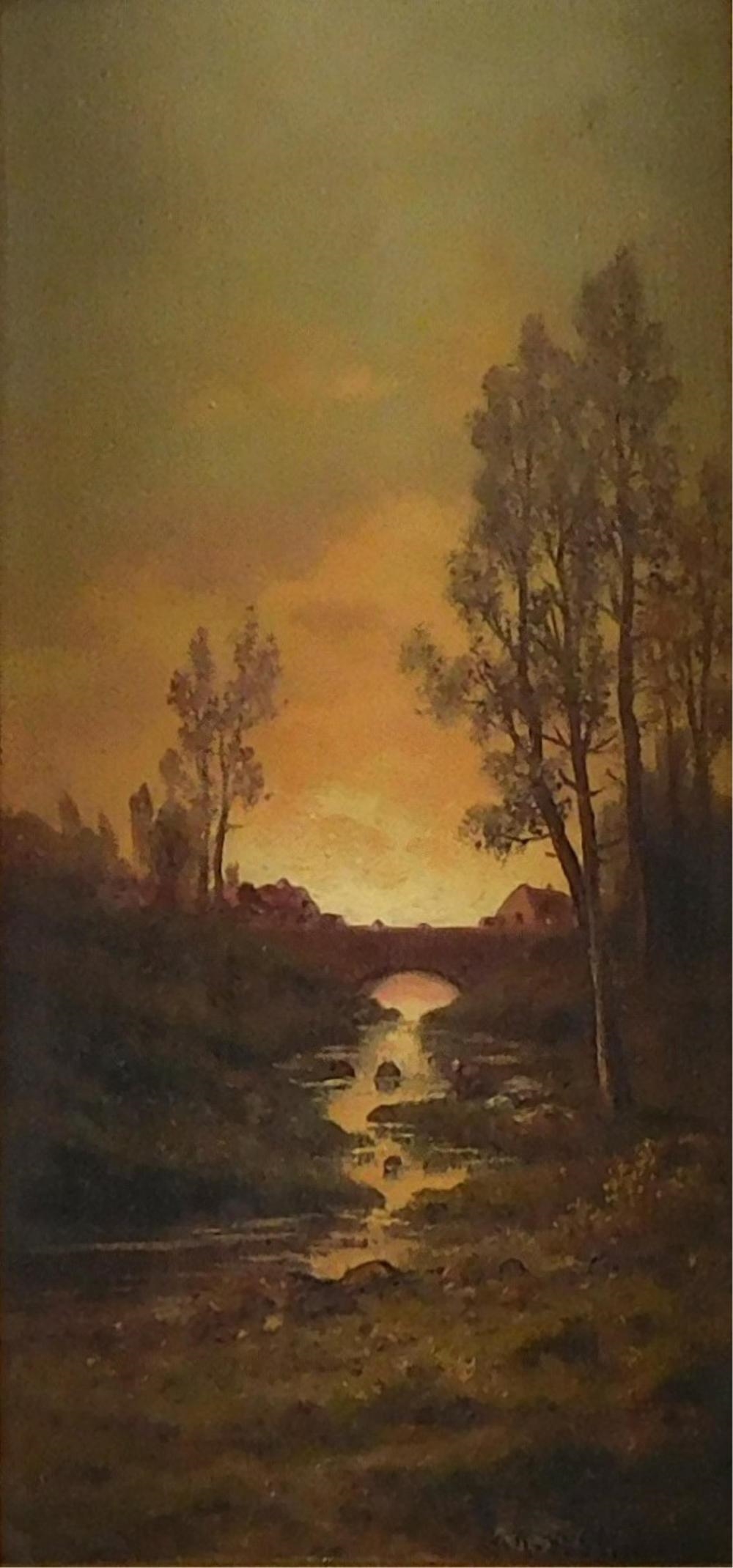 Artwork by Robert T. Stuart, +Attributed to Robert T. Stuart (English, 19th C.), oil on wood panel, pastoral scene with bridge and village in distance, signed lower right, elaborate scroll gilt frame with losses, cracks and chips to frame, especi..., Made of oil on wood panel