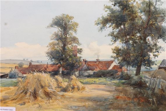 hay stooks before a farm by James Scott Kinnear