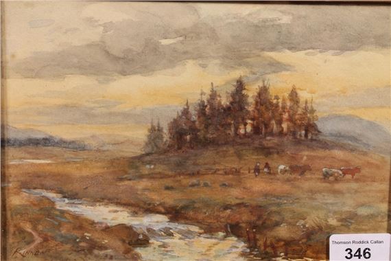 cattle and figures by a river by James Scott Kinnear, dated 1904
