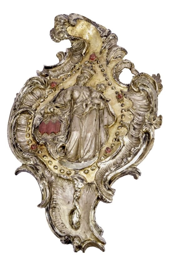 Artwork by German School, 18th Century, Maria Immaculata in Rocaillenkartusche, Süddeutschland, 18. Jh, Made of Carved wood, gilded and silver