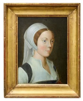 A classical portrait of a woman in historical dress, framed in gold.
