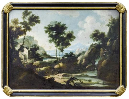 Vetturali, Gaetano (Attrib.): Idyllische Hügellandschaft mit Wasserfall, Architektur und wenig Perso by Gaetano Vetturali