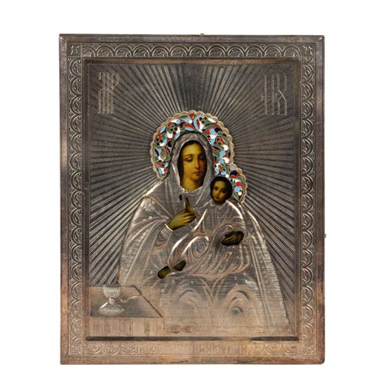 A Russian 84 standard silver icon of Madonna and child with cloisonne oklad - Emelian Kusnetsov