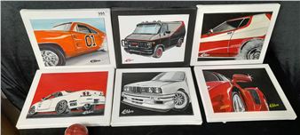 A series of six original Eamonn Elders ings featuring racing cars including Ferrari. Rendered in a solid colour palette with reds, blacks and oranges. All - Eamonn Elders