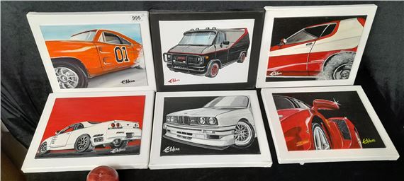 A series of six original Eamonn Elders ings featuring racing cars including Ferrari. Rendered in a solid colour palette with reds, blacks and oranges. All by Eamonn Elders
