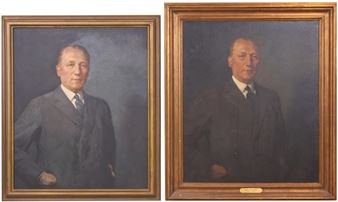 A diptych of two formal portraits featuring a man in a suit against a dark background.
