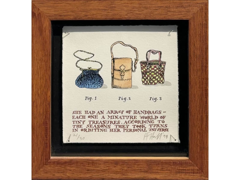 Artwork by Patrick Hall, She Had An Array of Handbags, Made of Coloured Etching