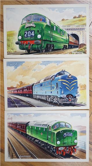 Alan Anderson, three original watercolours for postcard designs, locomotives, ‘The Flying Scotsman by Alan Anderson