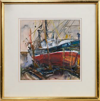 A watercolor painting of a red and blue boat in a dry dock, framed in gold.
